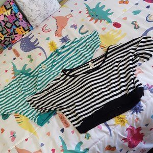 2-pack black aqua striped dolman sleeve crop top shirt lot